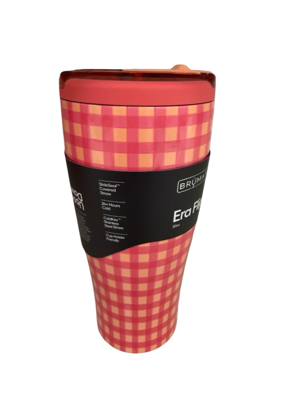 BrüMate Era 30oz Peach Gingham Flip Straw Tumbler Insulated Leakproof Cup - Picture 5 of 7